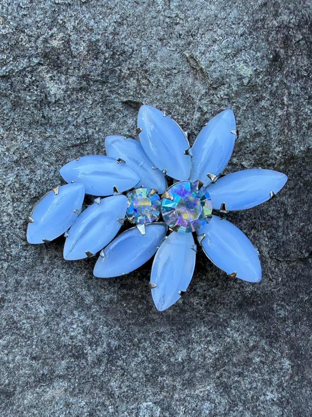 Vintage Pastel Blue Flower Brooch Aurora Borealis Rhinestone Pin